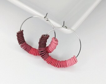Pink Clay Hoop Earring Handmade Polymer Jewelry Valentine Gift Idea Unique Stylish Design Circle Accessory Lightweight Statement Fashion