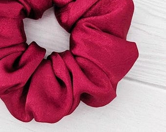 Red Satin Scrunchie Hair Tie Messy Bun Holder Accessory Bridesmaid Gift Idea Valentine Day Present Host Under Ten Dollar Handmade Wrist