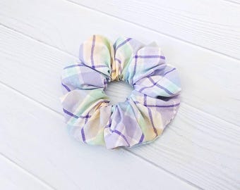 Pastel Plaid Scrunchie Handmade Cotton Fabric Accessory Hair Tie Ponytail Holder Messy Bun Style Elastic Wrist Wear Bridesmaid Gifts Host