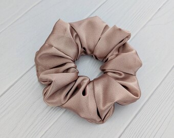 Satin Hair Scrunchie Caramel Color Autumn Fashion Bridesmaid Gift Wedding Party Favor Idea Messy Bun Tie Accessory Rose Gold Thanksgiving