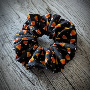 Candy Corn Scrunchie, Spooky Season Scrunchie, Halloween Gift, Hair Tie, Spooky, Fun, Cute, Black Scrunchie