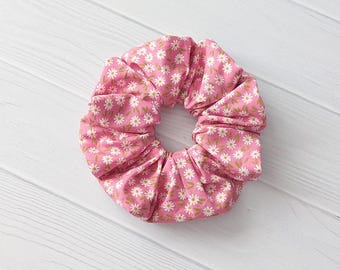 Pink Daisy Scrunchie Hair Tie Bridesmaid Gift Under Ten Dollar Present Host Gifts Wedding Favor Spring Accessory Flower Design Cotton Fabric