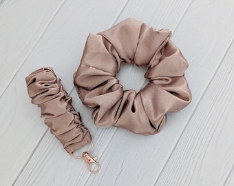 Large Satin Scrunchie Hair Tie Keychain Set Rose Gold Host Gift Bridesmaid Present Party Galentine Celebration Mother Day Special