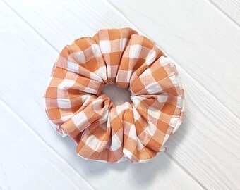 Salmon Gingham Scrunchie Cotton Hairband Bridesmaid Gift Under Ten Dollar Accessory Hair Tie Wrist Band Spring Fashion Picnic Pattern