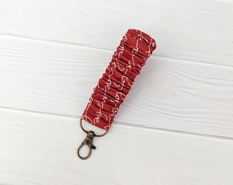 Red Fabric Keychain Wristlet Accessory Scrunchie Style Key Fob Bridesmaid Proposal Gift Valentine Day Love Design Textile Cute Wrist Strap