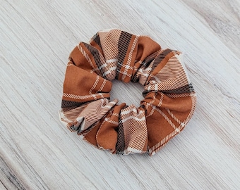 Autumn Hair Scrunchie Fall Accessory Bridesmaid Gift Host Idea Messy Bun Tie Plaid Design Burnt Orange Pumpkin Spice Sweater Weather Cozy
