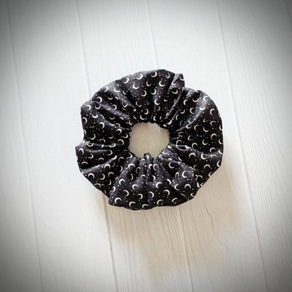 Black Halloween Moon Crescent Design Handmade Scrunchie Xl Size Hair Accessory Bridesmaid Party Favor Gothic Girl Fall Fashion Black White