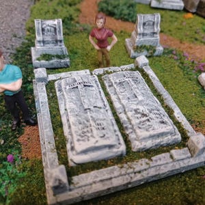 May include: A double grave marker with two stone slabs, each with a cross carved into the surface. The slabs are set into a larger stone base with a decorative border. The grave is surrounded by green grass.