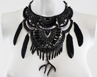 Detailed Geometric Necklace - Elegant Jeweled Neck Piece - Black Feather Filigree Accessory - Witch Inspired Fashion