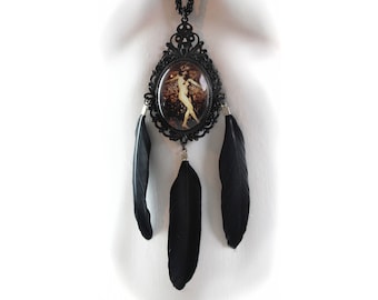 Crow Feathers Necklace - Cameo Inspired Pendant - Witch Accessory - Sepia Portrait - Art Cabochon Jewelry