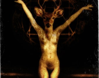 Witch Ritual Wall Art - Wiccan Deer Antler Nude - Limited Edition Mini Giclee