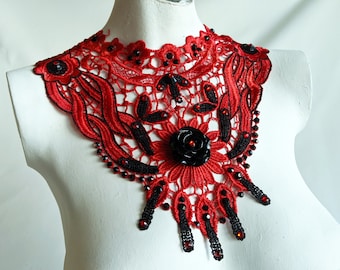 Red Lace Necklace - Festival Fashion Collar - Scarlet Shoulder Piece