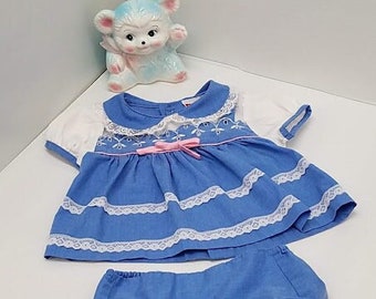 Vintage Fisher Price Baby Wear Blue Dress With Peter Pan Collar And Lace Accents With Diaper Cover! 80's! 90's!