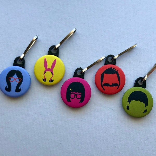 Belcher Family Zipper Pull Pack - Keychain Pack - Set of 5 - Bob's Burgers - 1 inch round keychains