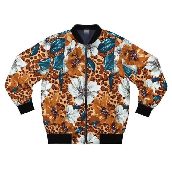 Jaqueta bomber masculina com estampa floral de leopardo: agasalho