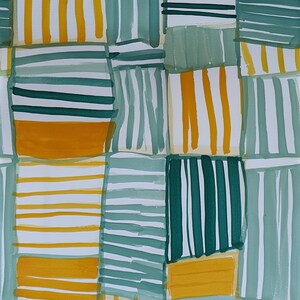 May include: A rectangular painting featuring a grid of blocks filled with hand-painted stripes in shades of mustard yellow, sage green, dark forest green, and burnt orange. The composition consists of varied vertical and horizontal line patterns.