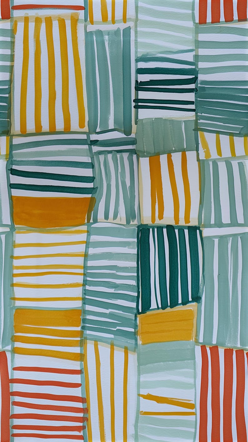 May include: A rectangular painting featuring a grid of blocks filled with hand-painted stripes in shades of mustard yellow, sage green, dark forest green, and burnt orange. The composition consists of varied vertical and horizontal line patterns.