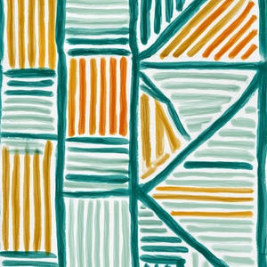 May include: A textile pattern featuring a geometric grid of thick dark teal lines. The sections are filled with hand-painted style stripes in alternating colors of mustard yellow, light mint green, and white, creating a structured design.