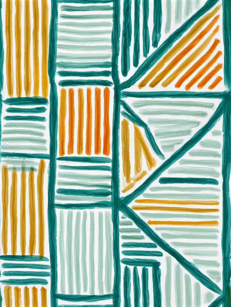May include: A textile pattern featuring a geometric grid of thick dark teal lines. The sections are filled with hand-painted style stripes in alternating colors of mustard yellow, light mint green, and white, creating a structured design.