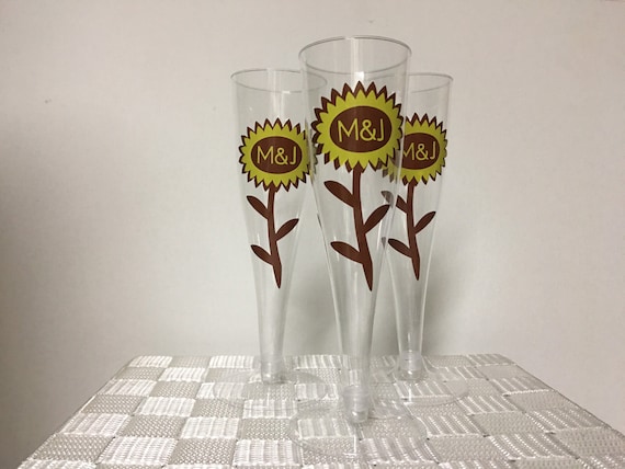 Personalized plastic/disposable Sunflower Wedding Champagne/ wine Flutes-SET OF 25 FLUTES