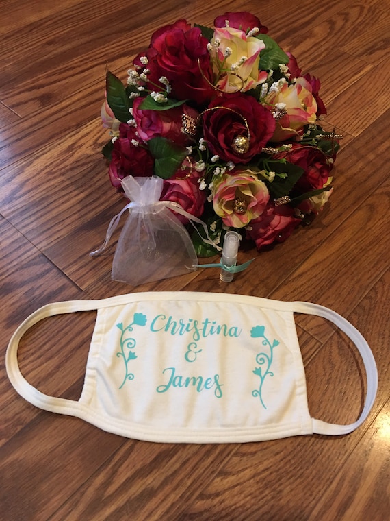 Personalized wedding mask, mini hand sanitizer spray bottle and gift bag/sold in sets of 25