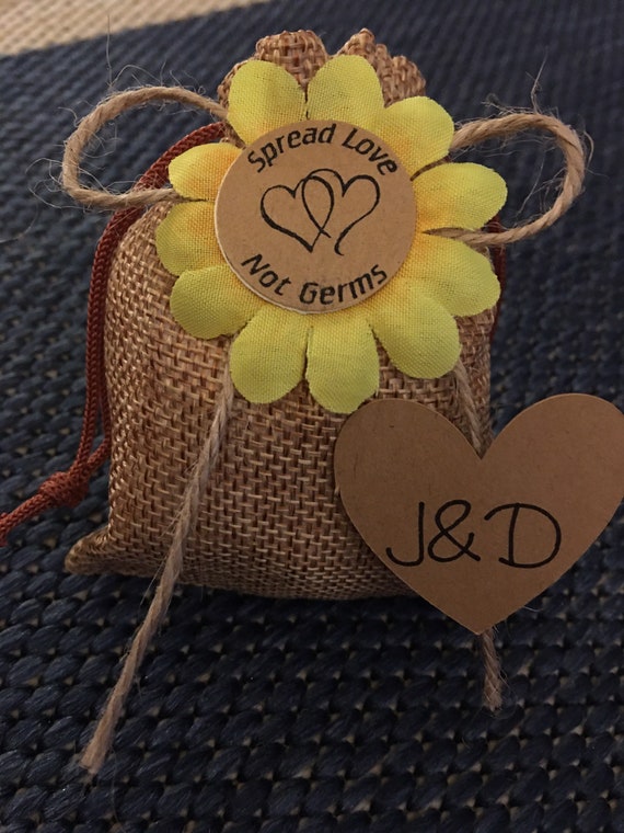Personalized Rustic draw-string favor bag with face mask and hand sanitizer spray bottle. Set of 25