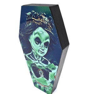 Horror doll art print on a 6&quot; wood coffin lid frame