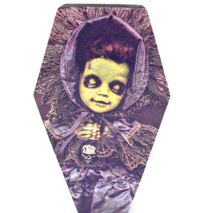 Horror doll art print on a 6&quot; wood coffin lid frame