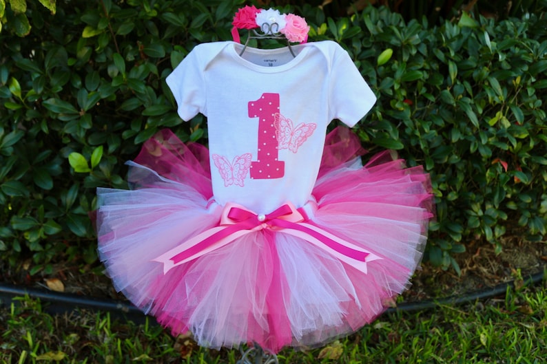 Butterfly First Birthday Girl Outfit- Hot Pink Pink and White Tutu Fluffy Tulle Sewn Skirt Flower Headband Age Embroidered Butterflies