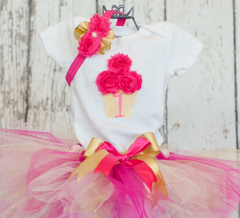 9 month-4T Baby Girl/'s First Birthday Outfit-3 Piece Sewn Tulle Tutu Skirt with Shirt and 3D Cupcake w Age Number /& Headband