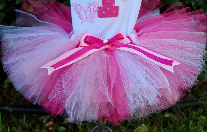 Butterfly First Birthday Girl Outfit- Hot Pink Pink and White Tutu Fluffy Tulle Sewn Skirt Flower Headband Age Embroidered Butterflies