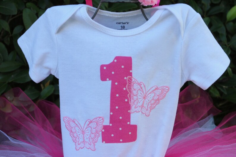 Butterfly First Birthday Girl Outfit- Hot Pink Pink and White Tutu Fluffy Tulle Sewn Skirt Flower Headband Age Embroidered Butterflies