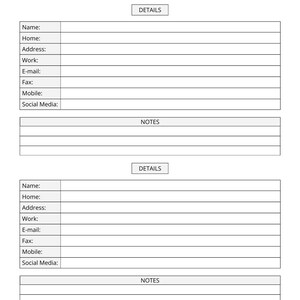 Puede incluir: Un libro de direcciones blanco con el título "ADDRESS BOOK" en la parte superior. El libro tiene secciones para detalles como nombre, dirección e información de contacto, así como espacio para notas. Las palabras "DETAILS" y "NOTES" también son visibles.