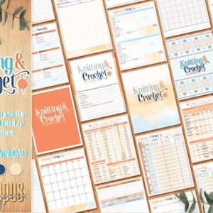 May include: A printable knitting and crochet planner with multiple pages for customization. The planner features a peach and blue color scheme with a floral design. The text "Knitting & Crochet Planner" is featured on the cover.
