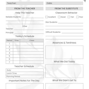 May include: A printable substitute teacher report form with sections for classroom behavior, today's schedule, teacher schedule, and important notes for the day. The form has a floral design in the background.