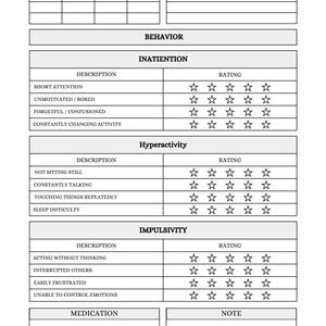 May include: ADHD Behavior Journal with sections for tracking behavior, including inattention, hyperactivity, and impulsivity. Features sections for daily goals, medication, and notes. The journal is white with black text.