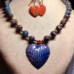Gorgeous Copper Infused Blue Chalcedony Beads with Gorgeous Blue Enamel Focal Heart (#2473)