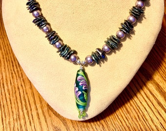 Gorgeous 19" strand of lilac glass pearls and freshwater pearl leaves with beautiful Lampwork Focal Bead (#2564)