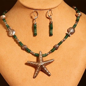 Unique Ancient Roman Glass and Sterling Silver Starfish Necklace With Sea Shell Charms 2375 image 1