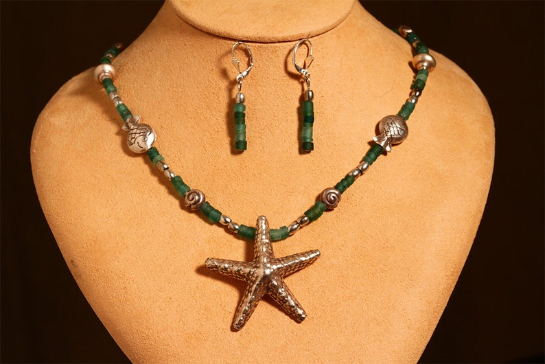 Unique Ancient Roman Glass and Sterling Silver Starfish Necklace With Sea Shell Charms 2375 image 1