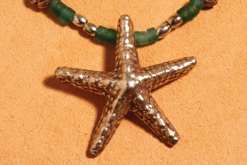 Unique Ancient Roman Glass and Sterling Silver Starfish Necklace With Sea Shell Charms 2375 image 2