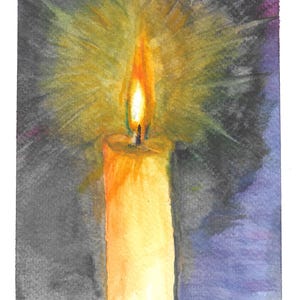 May include: Watercolor painting of a lit candle. The flame is bright yellow and orange, with radiating light against a dark gray and purple background. The candle itself is a warm yellow color.