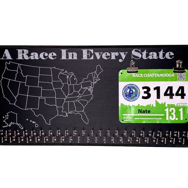 A Race In Every STATE With Chalkboard RUNNING MEDAL Holder And Race Bib Display Rack – 50 States Medal Display