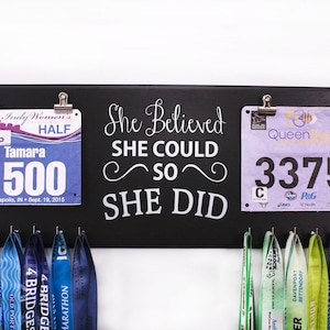 She Believed She Could So She Did Quote RACE BIB DISPLAY Hanger And Medal Holder Gift For Runners image 1