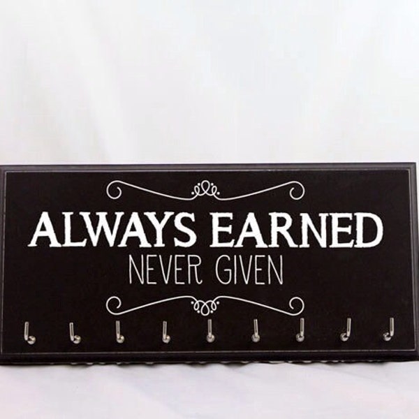 RUNNING MEDAL HOLDER Display with Hooks - Always Earned Never Given Medal Rack Gift For Runner