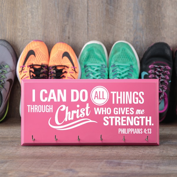 PHILIPPIANS 4 13 Bible Verse Medium MEDAL HOLDER Hooks -  I Can Do All Things Through Christ Medal Holder For Runner