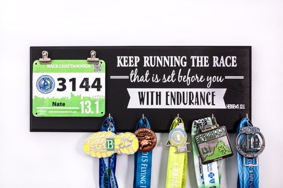 HEBREWS 12 1 Bible Verse Quote Running Medal HOLDER and Race Bib Hooks RACK And Race Bib Display Hanger Gift For Runners