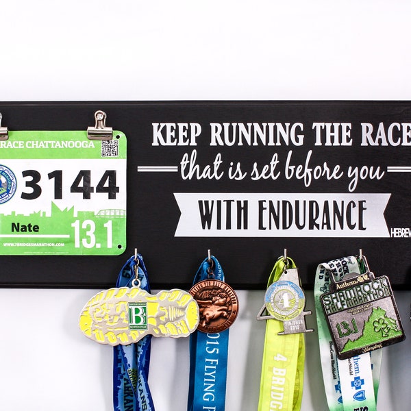 HEBREWS 12 1 Bible Verse Quote Running Medal HOLDER and Race Bib Hooks RACK And Race Bib Display Hanger Gift For Runners