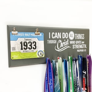 RACE Bib And Running MEDAL HOLDER - I Can Do All Things Through Christ Philippians 4:13  Medal Display And Bib Hanger For Runner and Walker