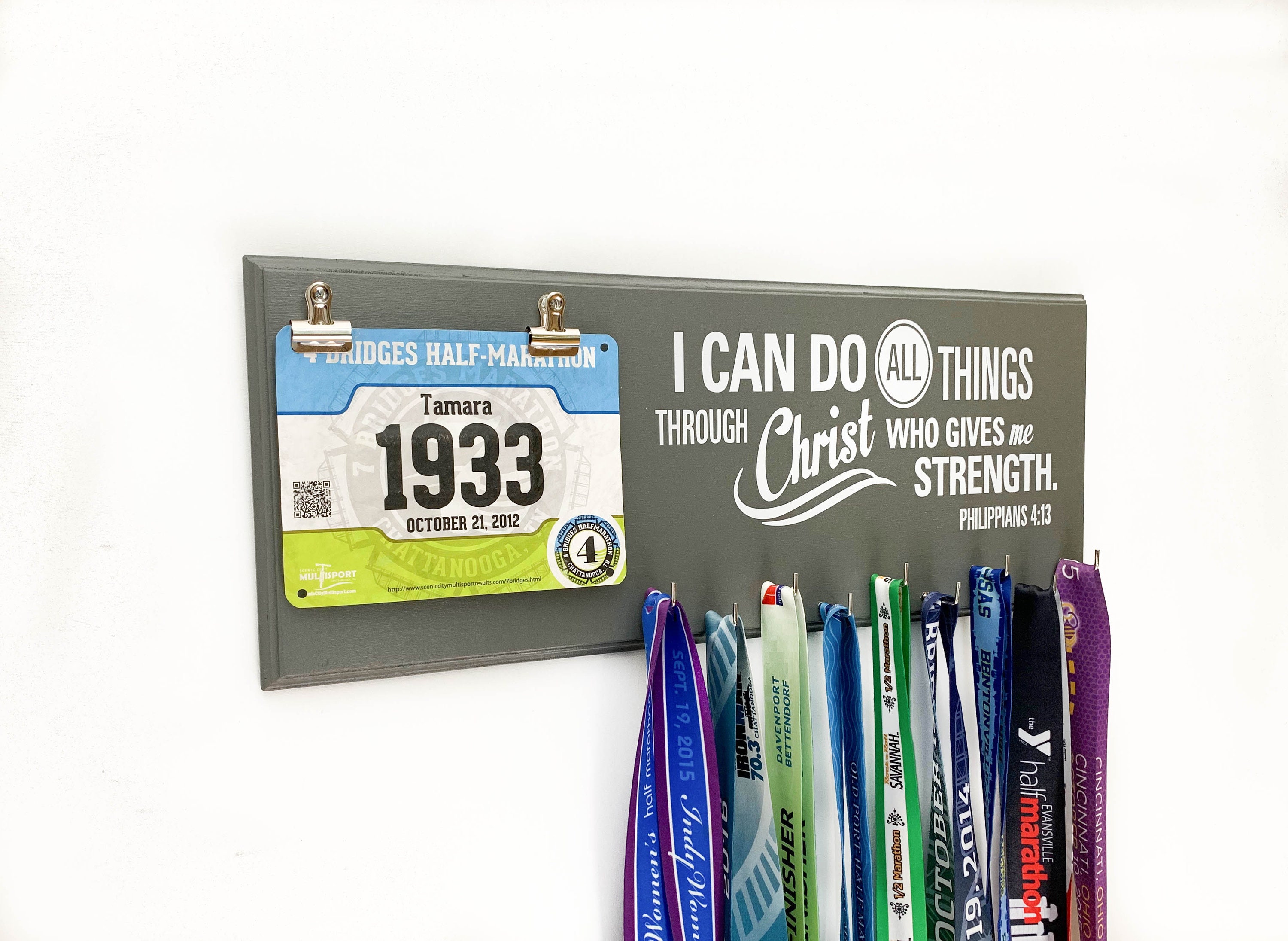 Running medal holder & race bib hanger with Bible verse Etsy